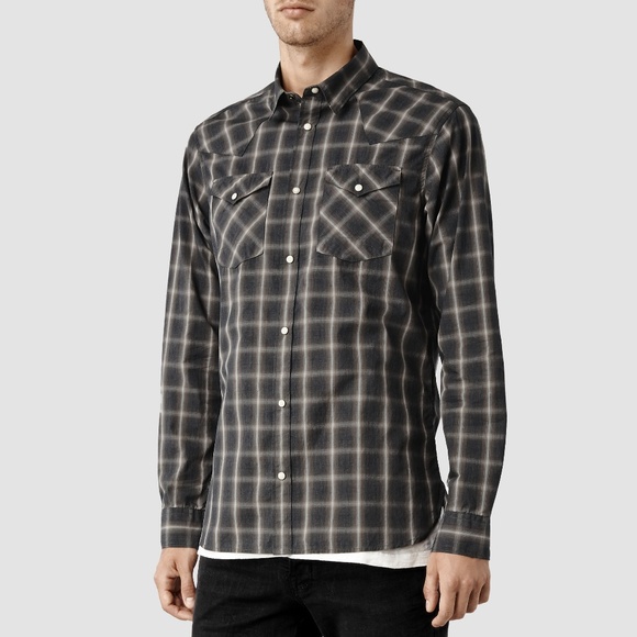 All Saints Other - AllSaints Men's Gray Frontier Shirt Plaid Snap Dow
